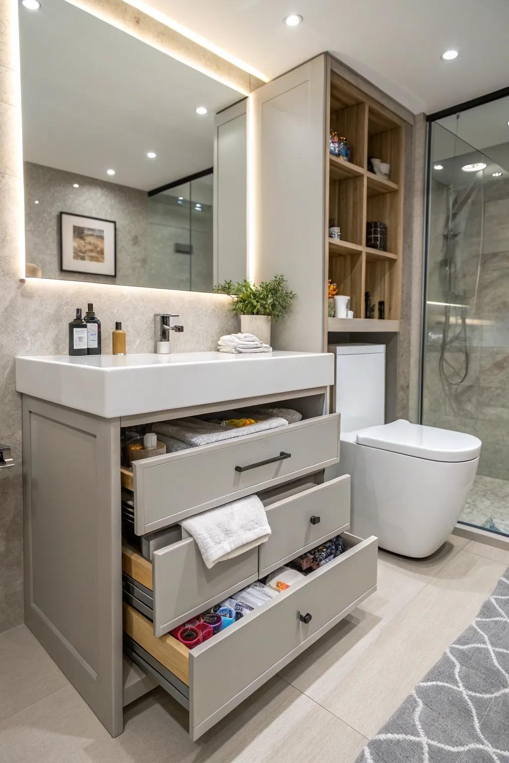 Smart storage solutions keep the bathroom tidy and organized.