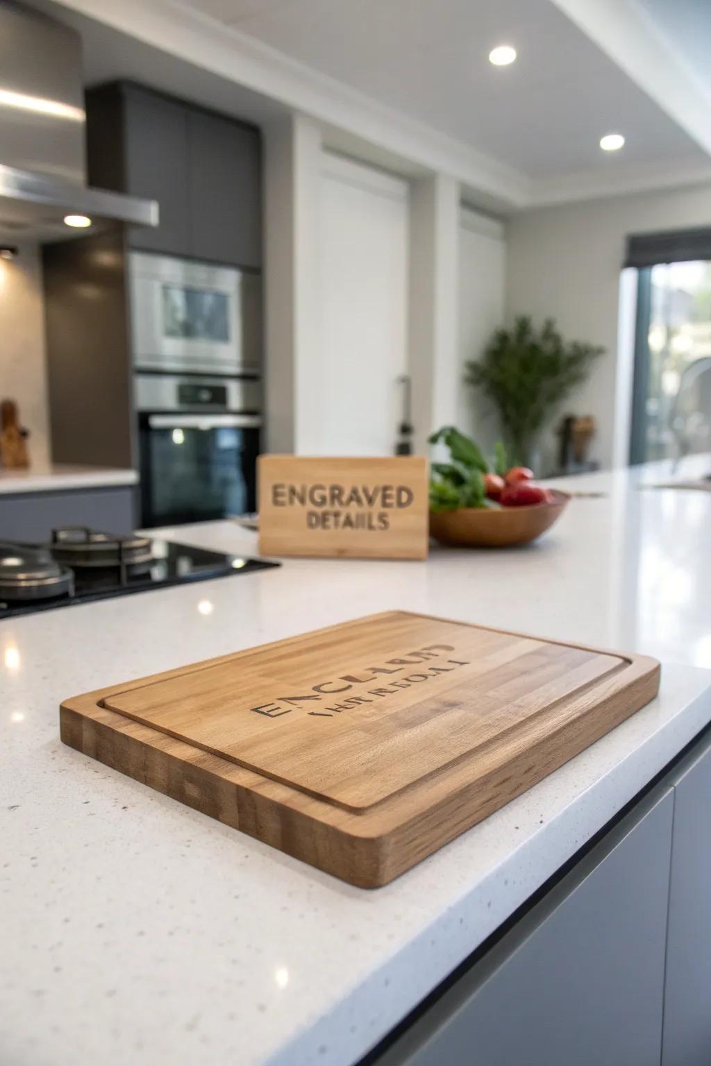 A personalized cutting board with engraved details in a modern kitchen.