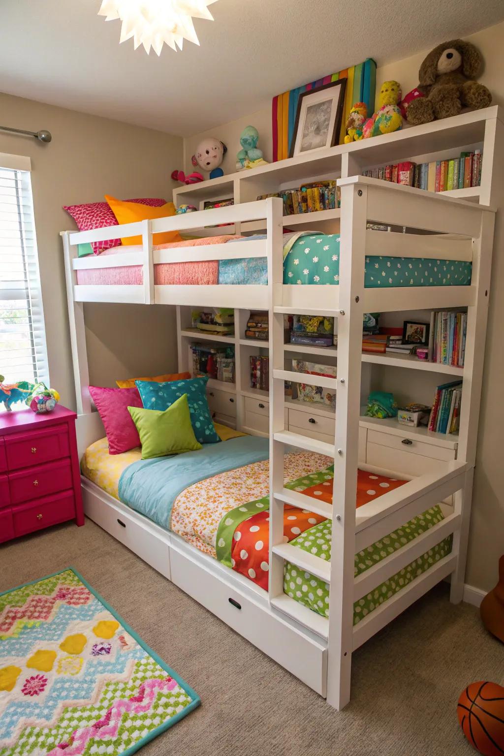 Triple-decker bunk beds maximize space in smaller rooms.