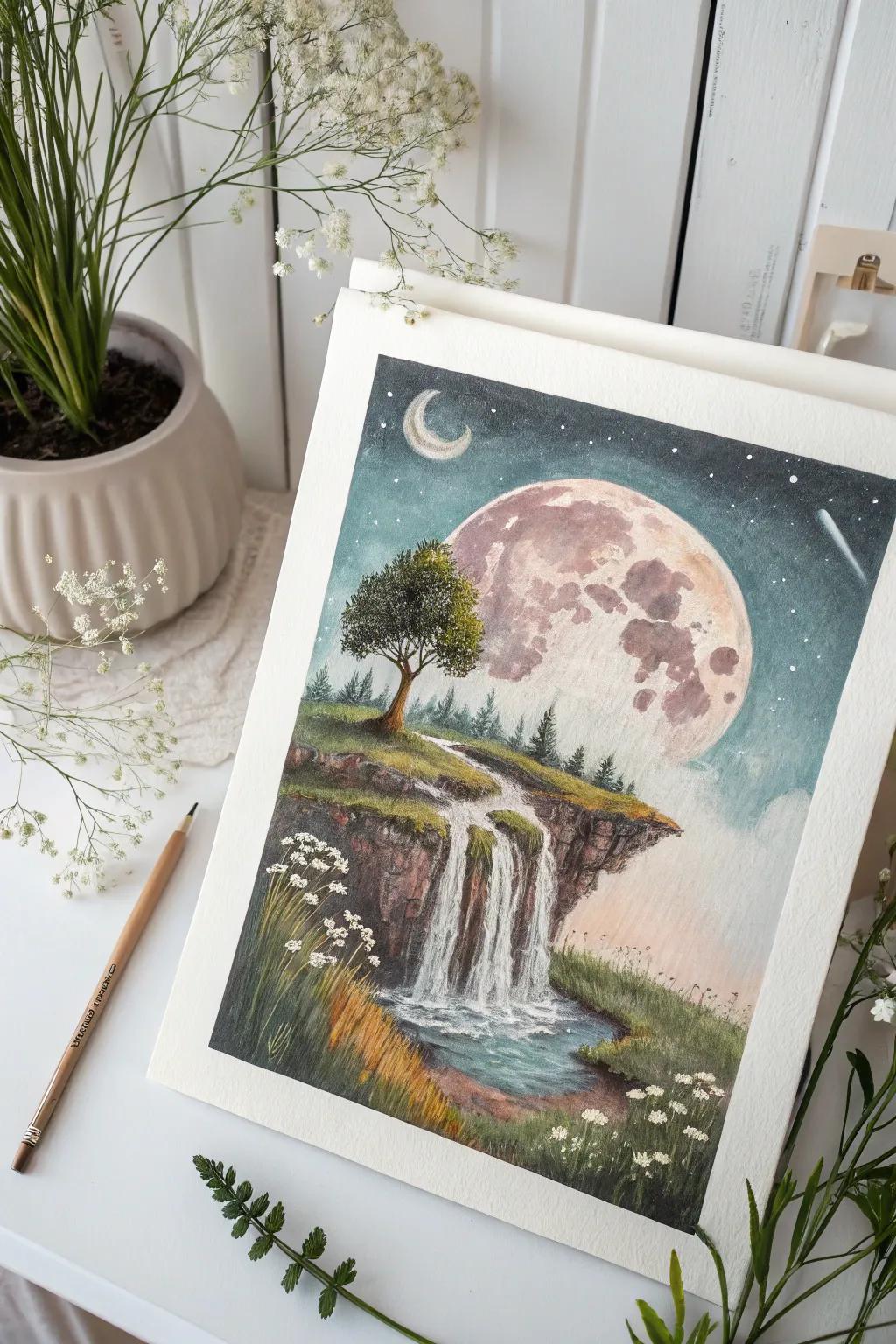 Escape to a dreamlike realm: Explore the beauty of surreal landscapes drawn with oil pastels.