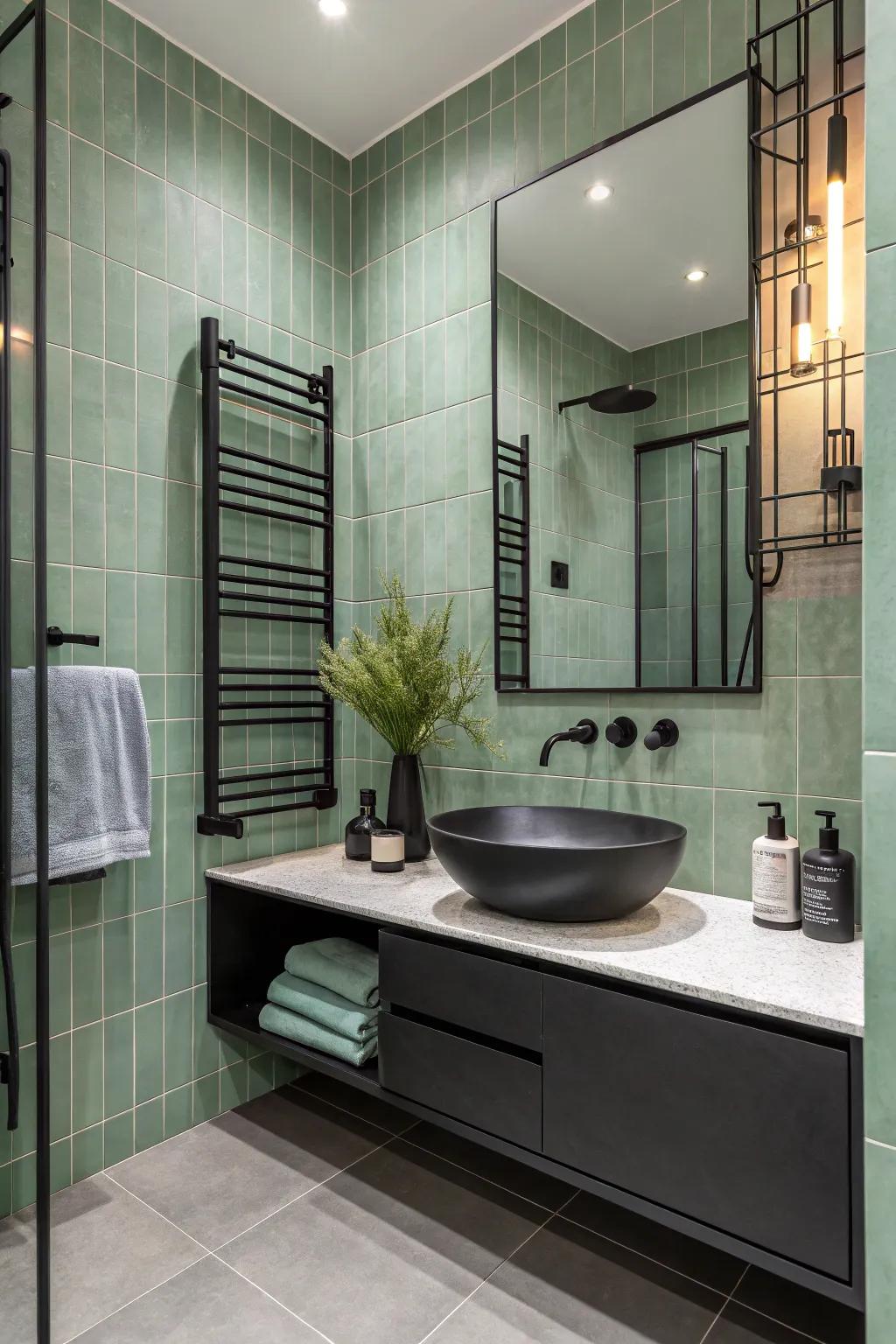 A modern bathroom with a chic sage green and black palette.