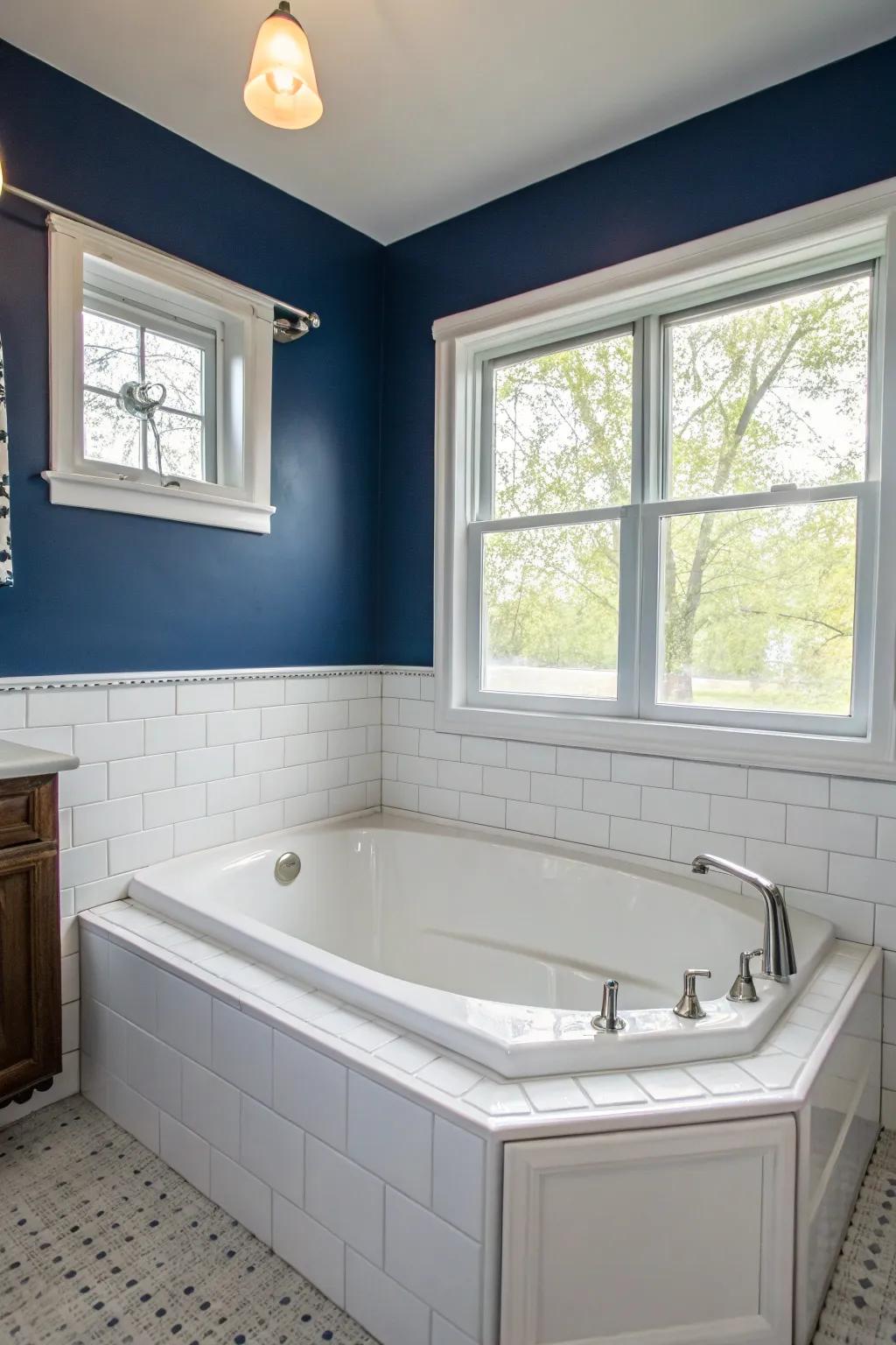 Contrasting colors can make your corner tub a striking focal point.