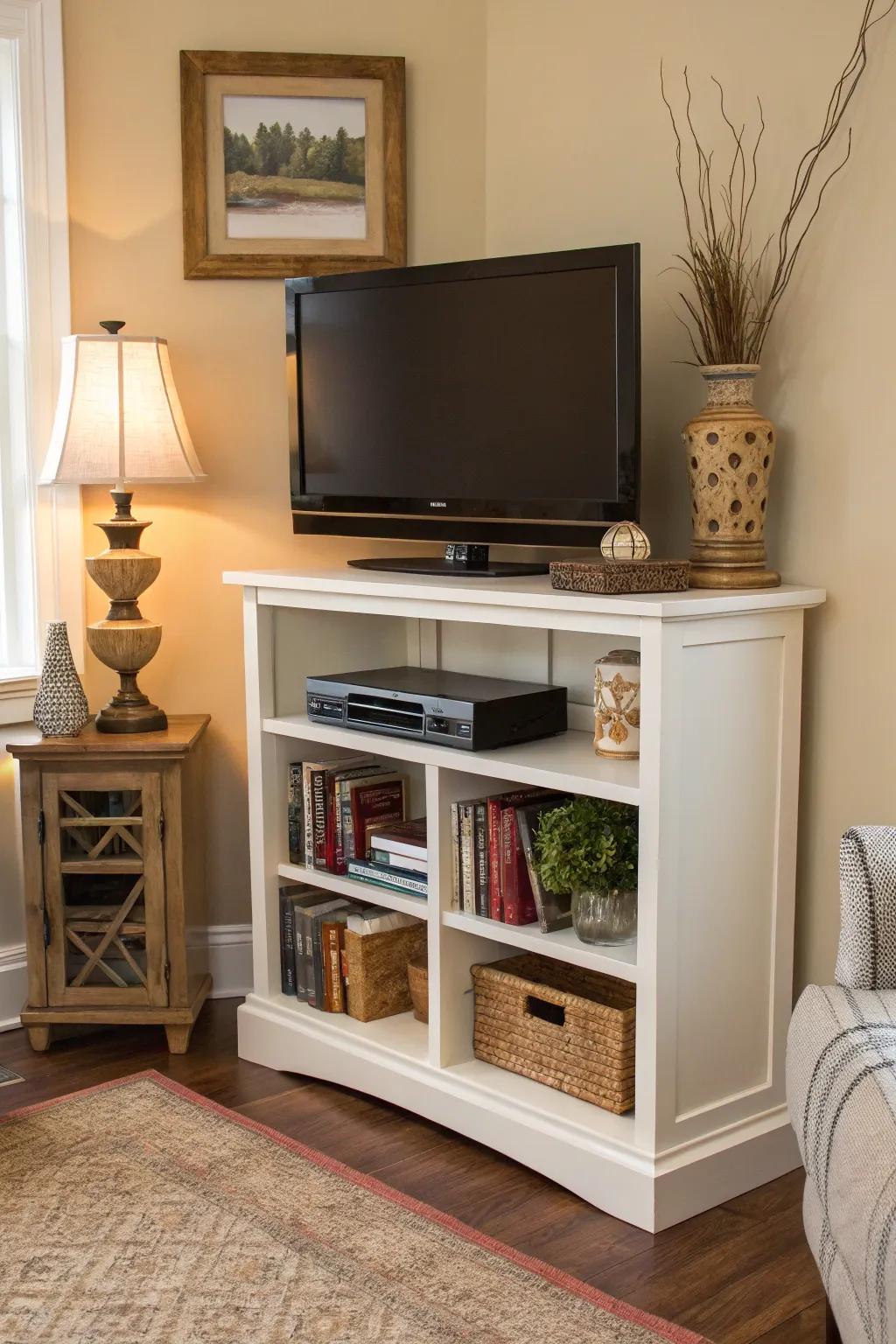 Multi-functional TV stands provide ample storage and display options.