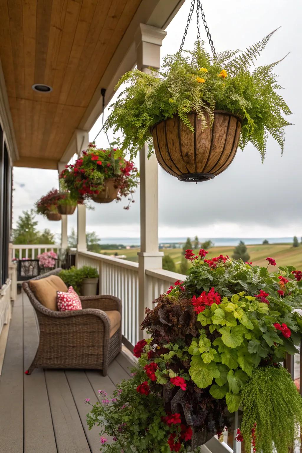 Add vertical greenery with hanging baskets.