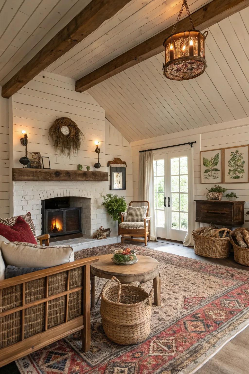 Shiplap ceilings add rustic charm and texture to country living rooms.