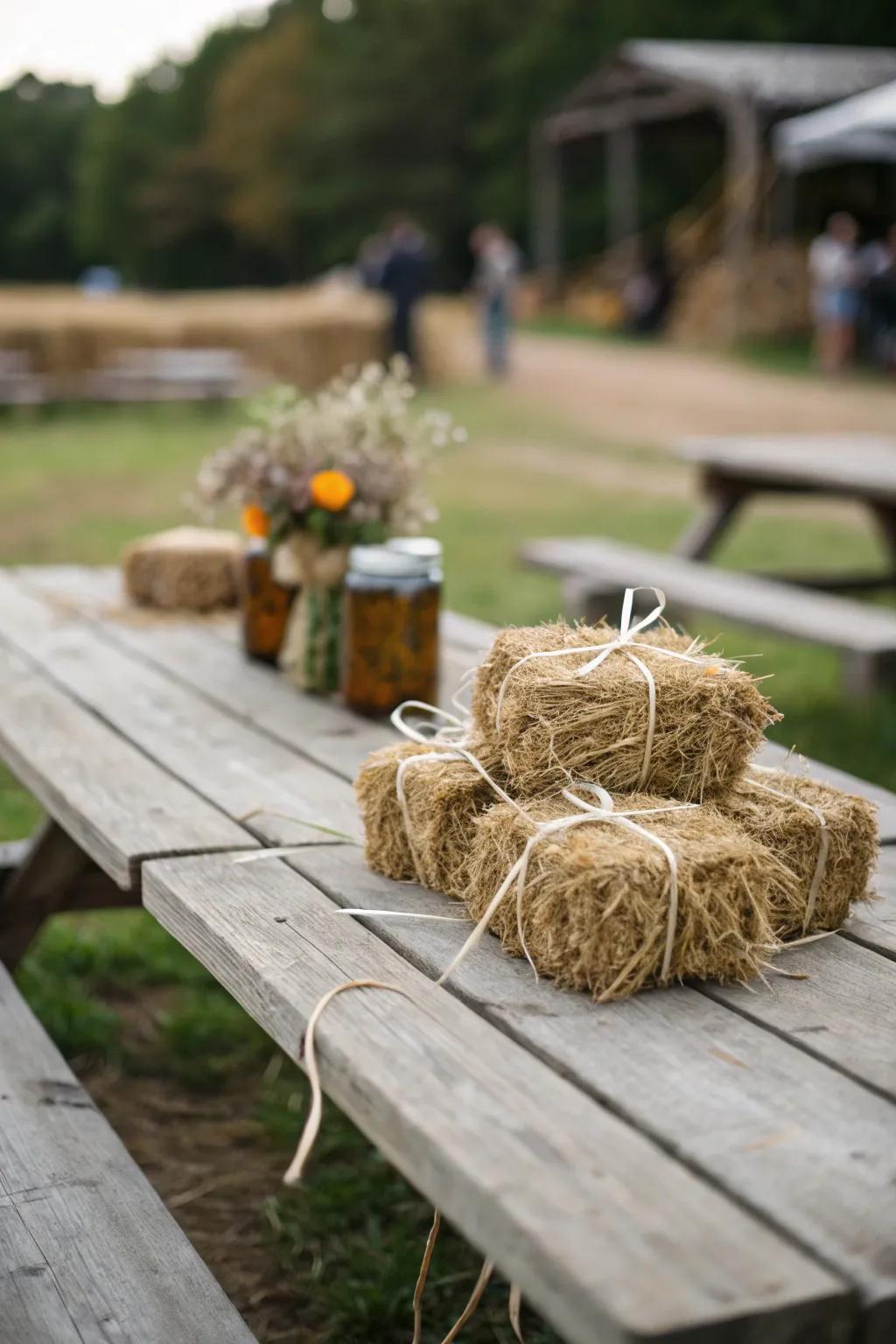 Mini haystacks add a touch of whimsy to cowgirl-themed decor.