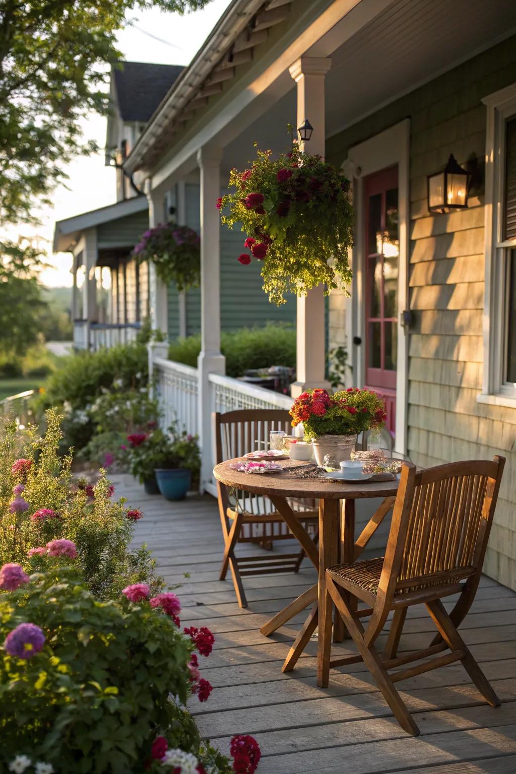 A dining area on the porch is perfect for enjoying meals outdoors.