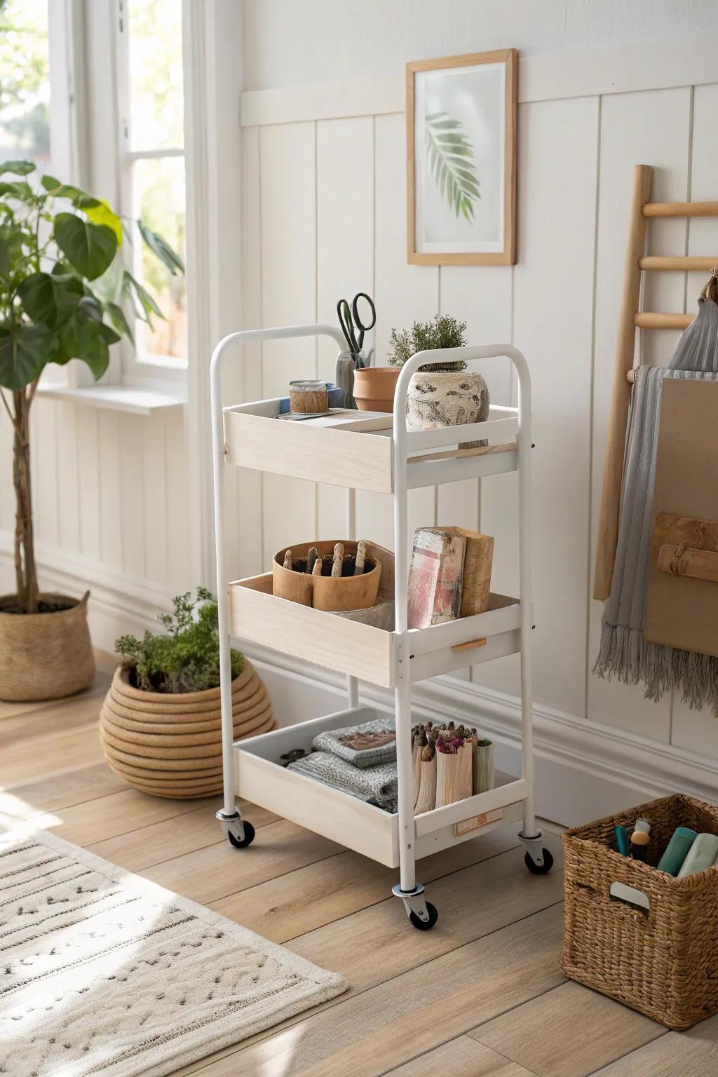 Unleash your creativity with a rolling craft cart that blends functionality with minimalist elegance.