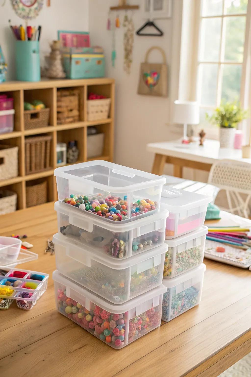 Clear storage boxes for easy organization.