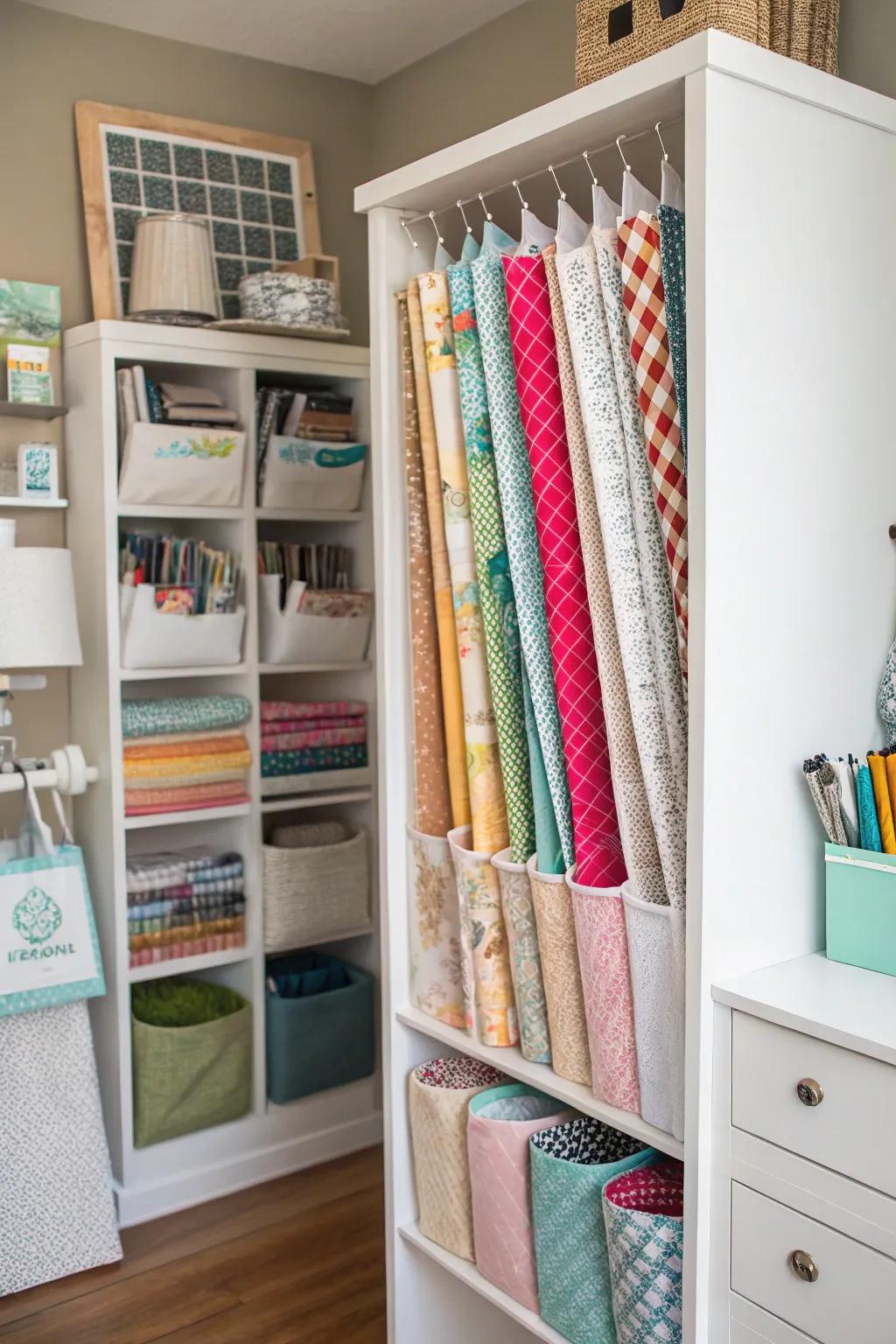 A fabric organizer keeps your fabric collection neat and tidy.