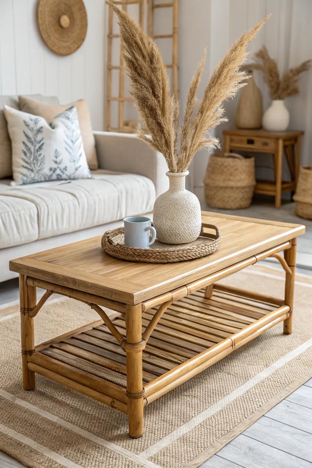 Elevate your space with the natural elegance of a bamboo coffee table, where minimalism meets boho charm.