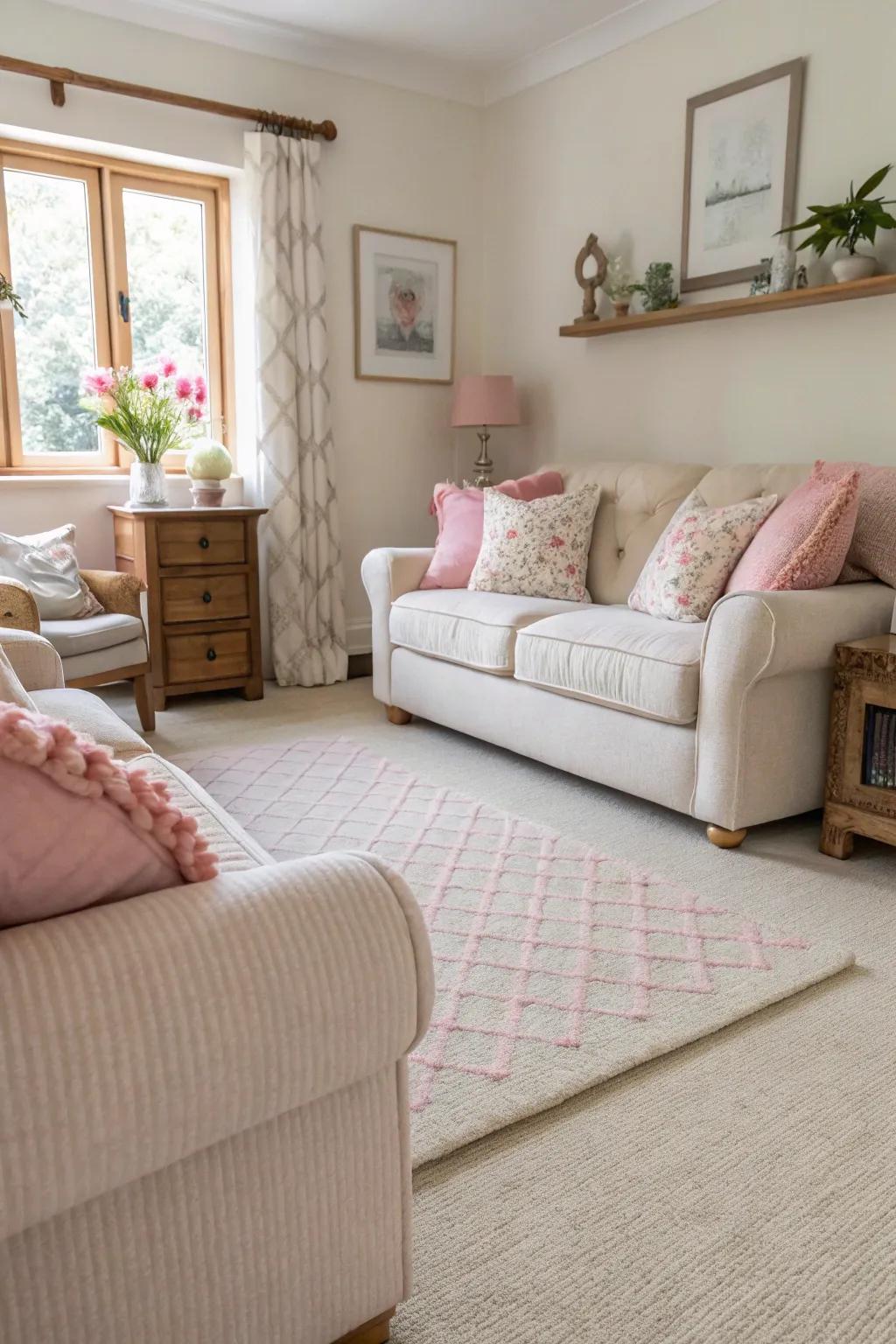 Pastel colors bring calmness and elegance to a cream carpeted room.