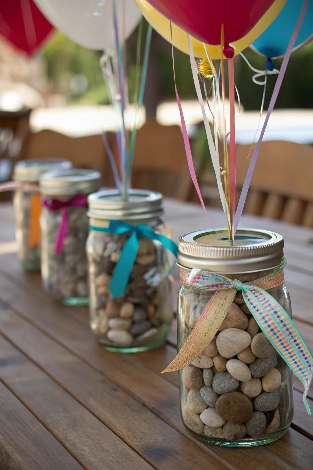 Versatile mason jars filled with stones, adding rustic charm as balloon weights.