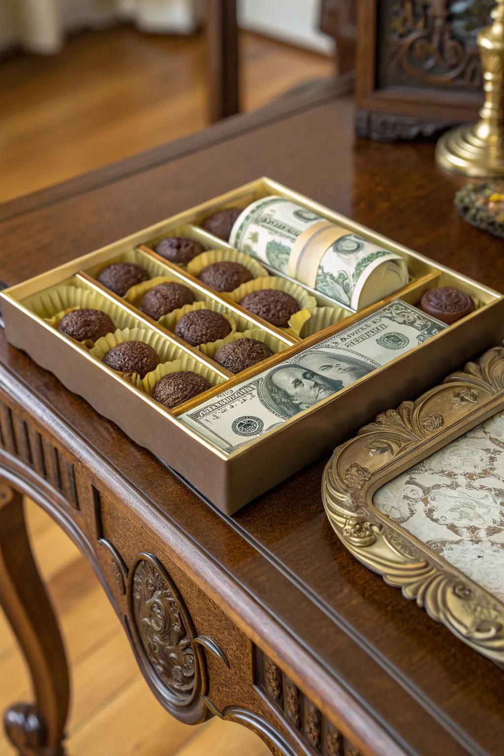 A chocolate box filled with bills instead of candies.