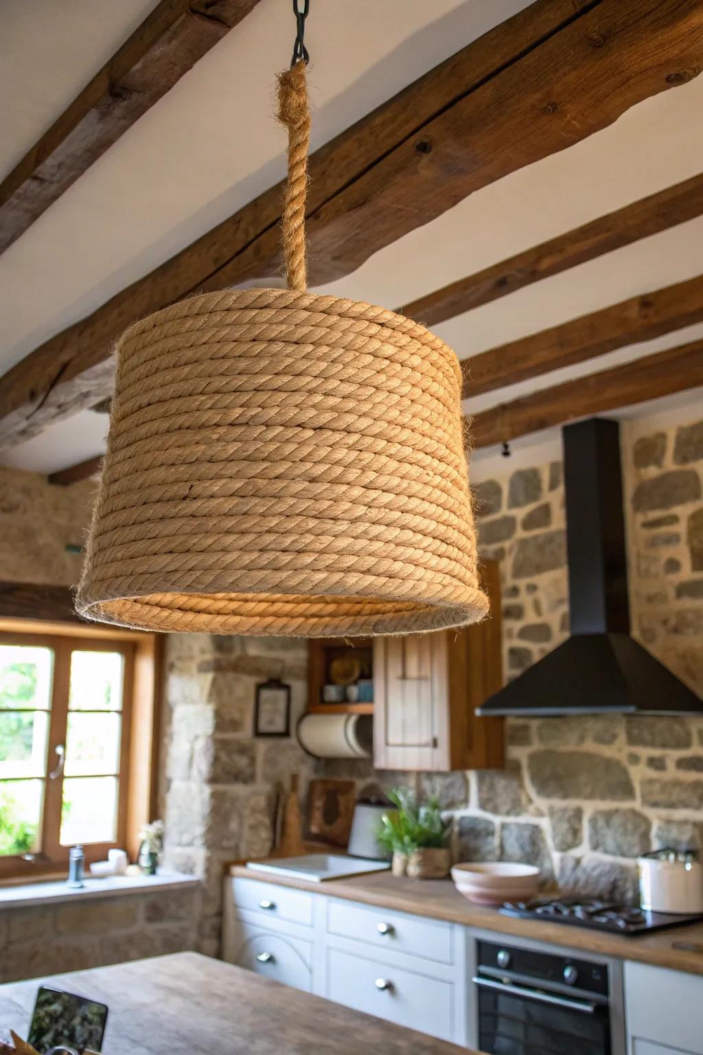 A kitchen lamp shade wrapped in jute rope for rustic charm.