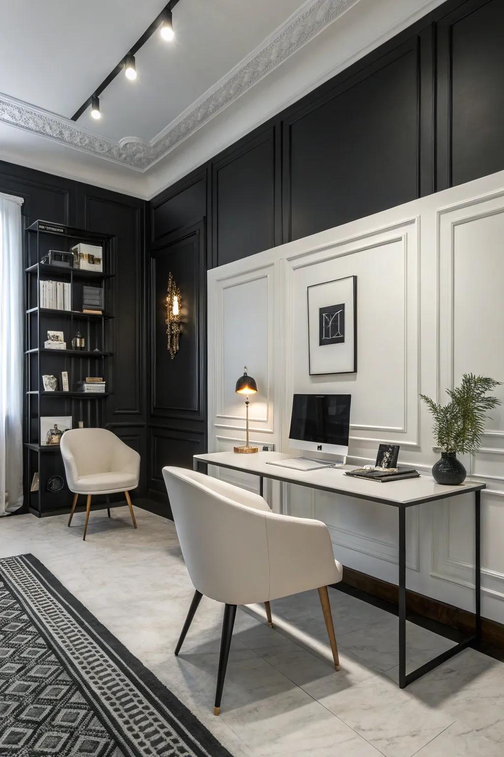 Black and white decor that creates a sophisticated and focused office atmosphere.