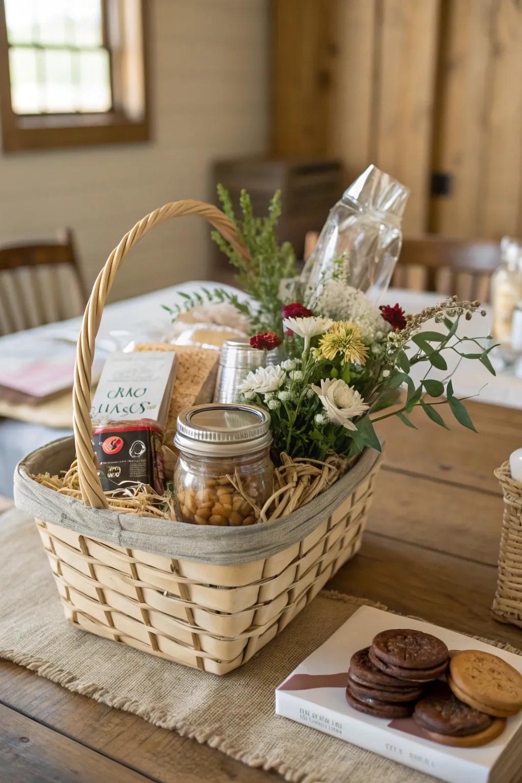 A rustic gift basket featuring a mason jar centerpiece.