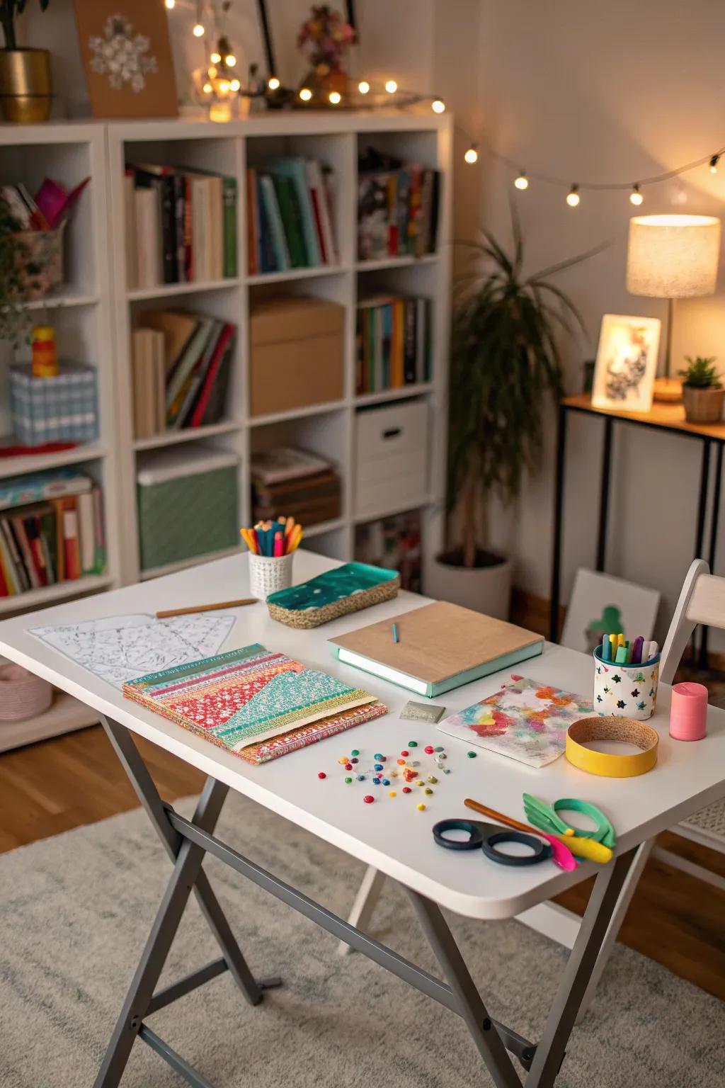 A foldable table provides extra space when needed without permanent bulk.