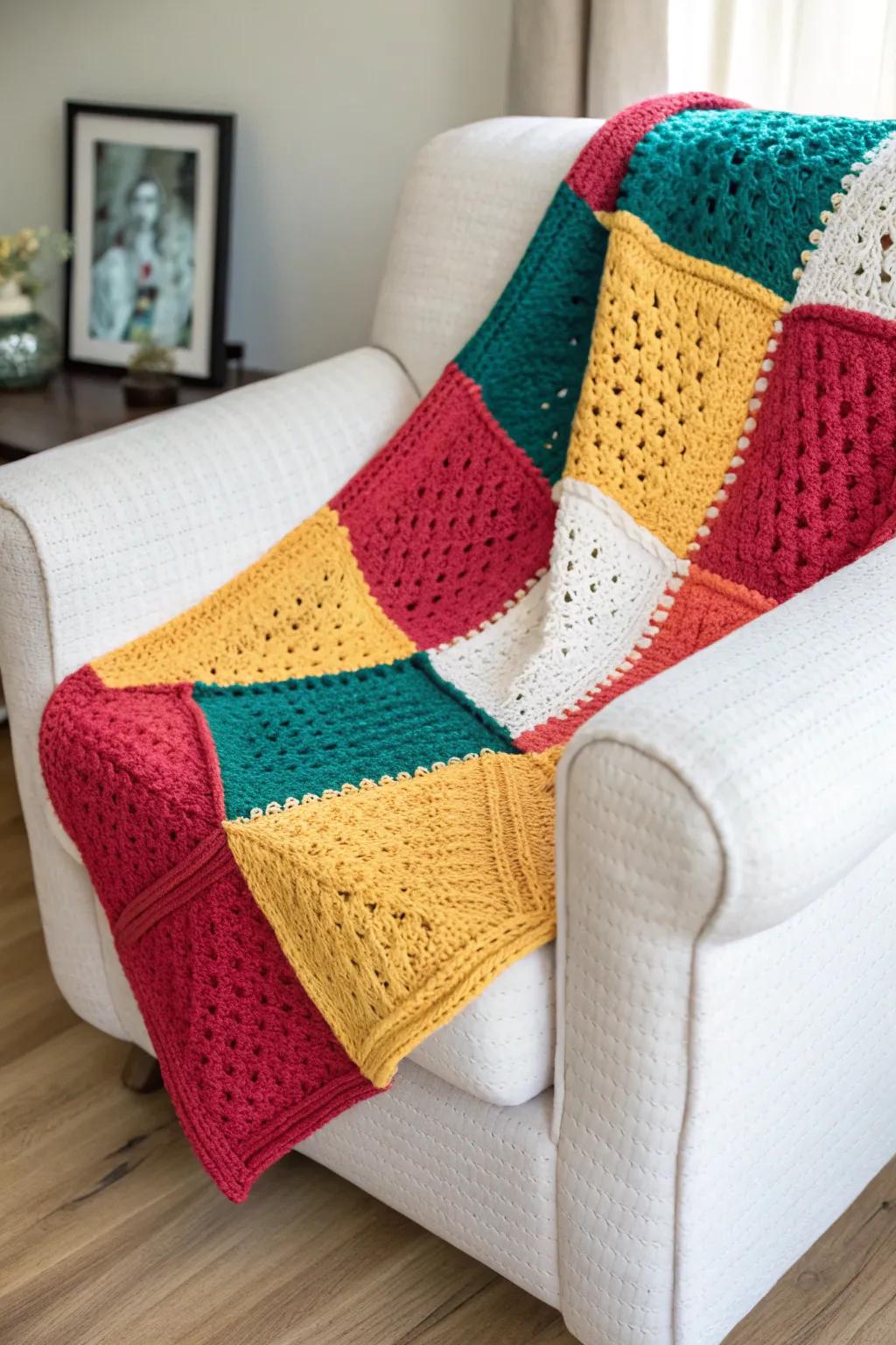 Make a bold statement with a vibrant color block crochet blanket.