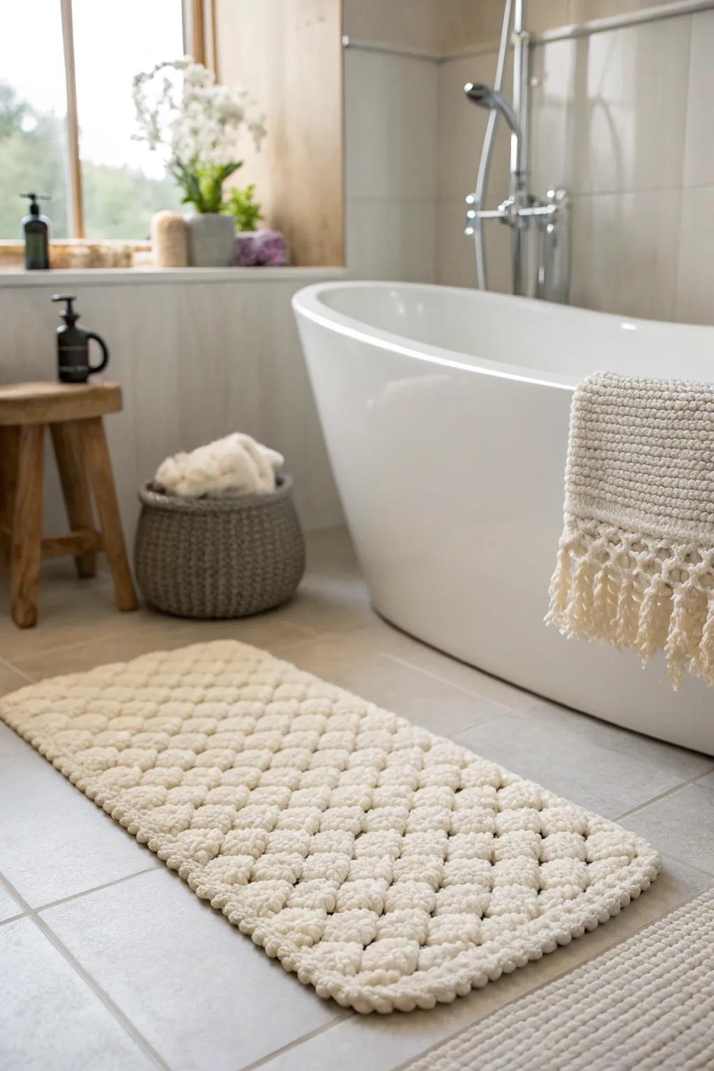 A soft bubble stitch crochet bathmat in a bathroom.