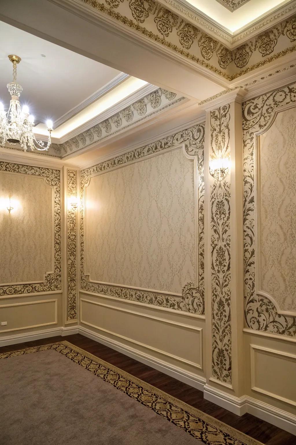 Wallpaper borders offer a stylish crown molding substitute.