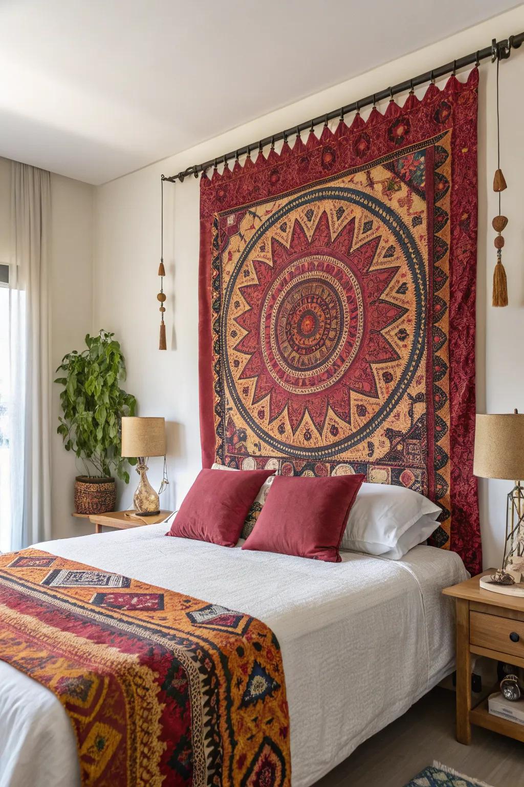 Tapestries bring color and texture to the bedroom as a headboard.