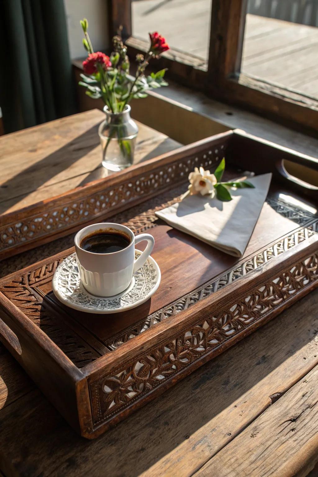 Elevate your mornings with a handcrafted wooden tray that's as functional as it is stylish.