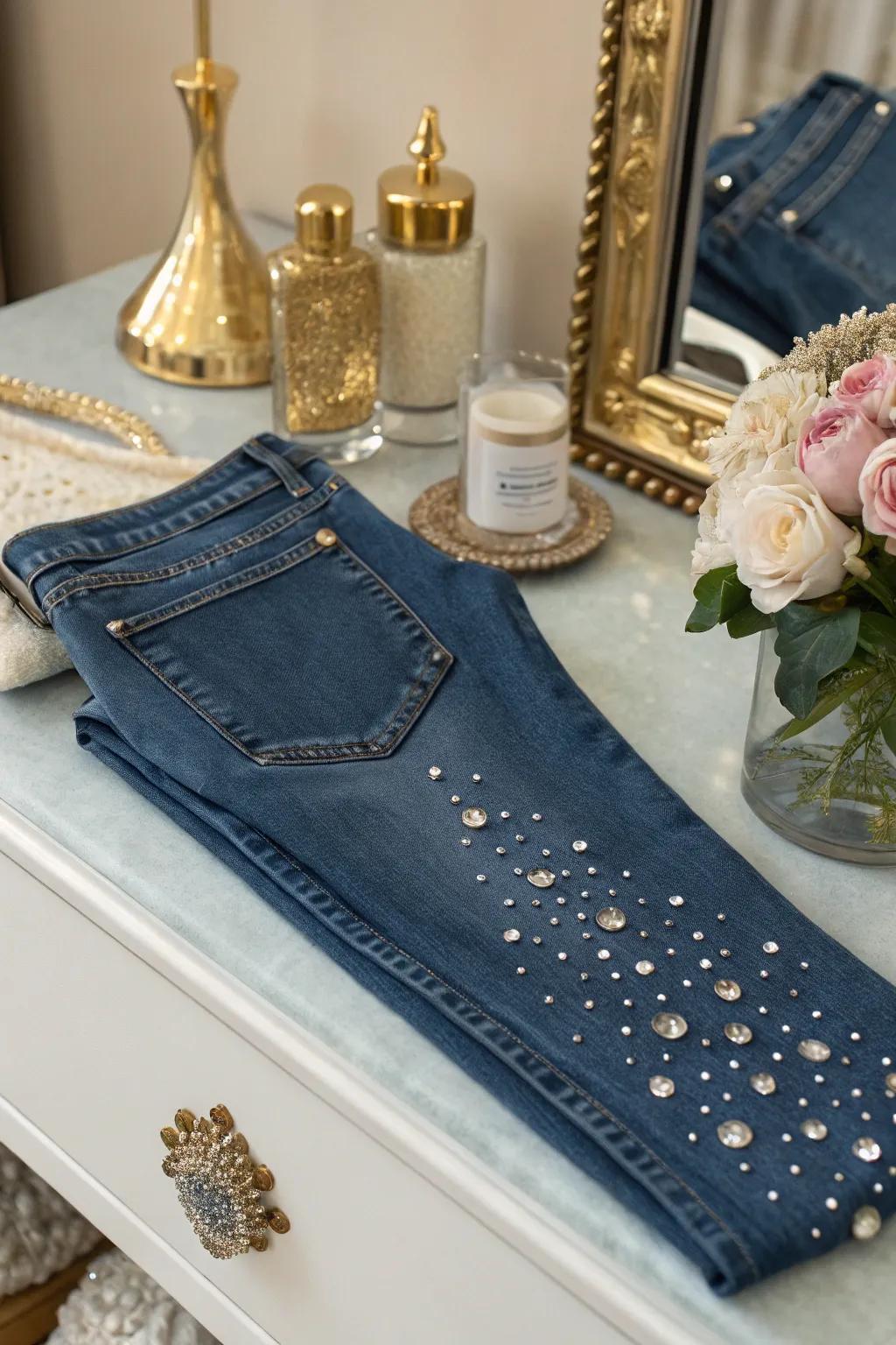 Rhinestone embellishments bring a touch of glamour to jeans.