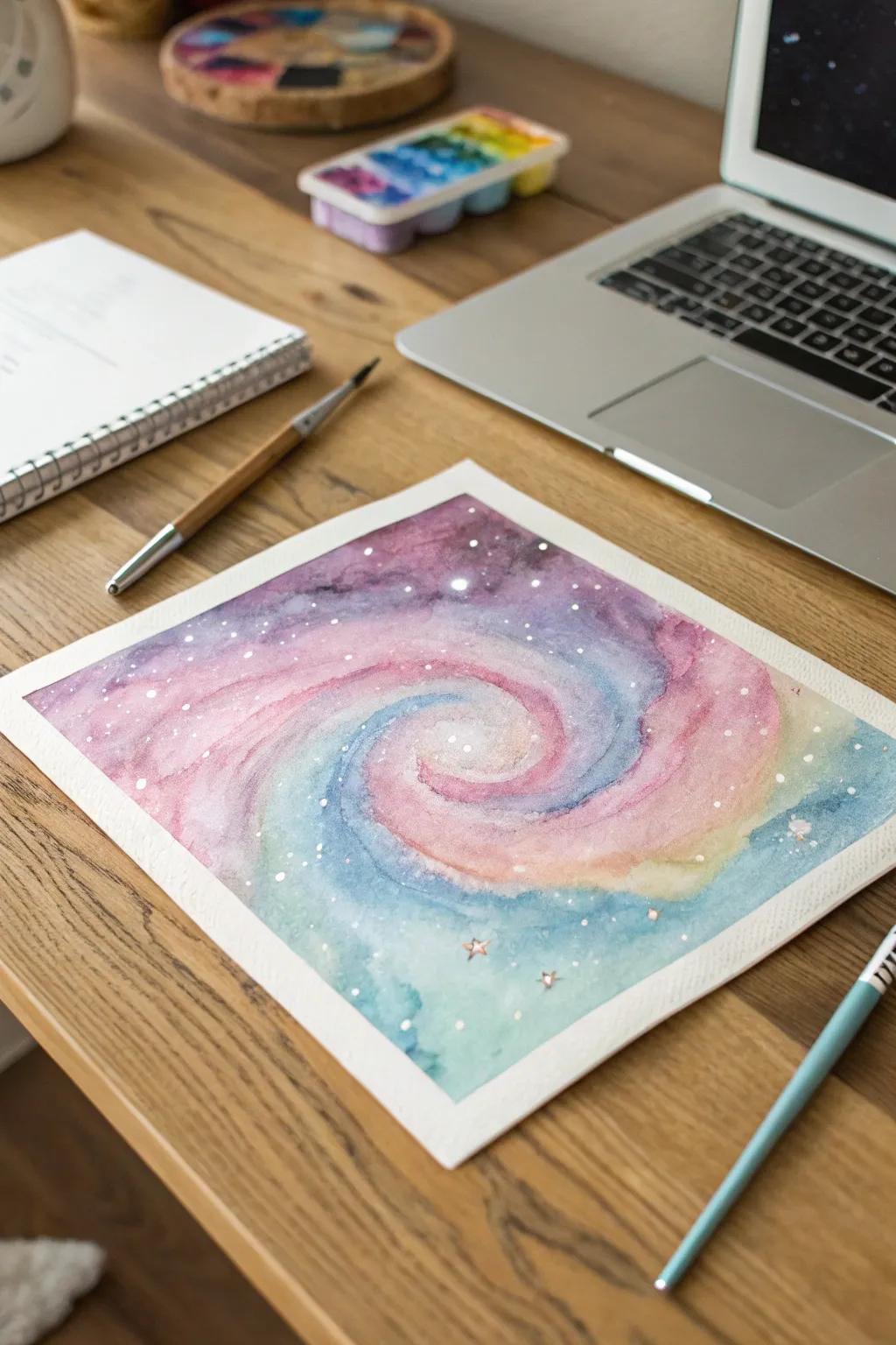 Gentle galaxy art captures the wonder of the universe with soft, blended colors.