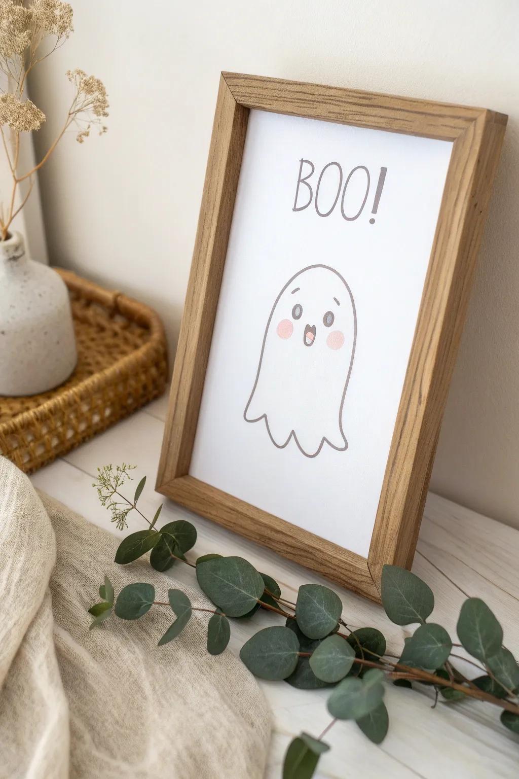 Boo! A charming whisper from a minimalist ghost, perfect for adding a playful touch to your space.