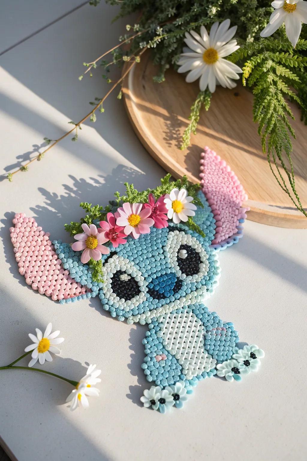 Embrace playfulness and beauty with Stitch adorned in a flower crown, bringing nature's charm indoors.