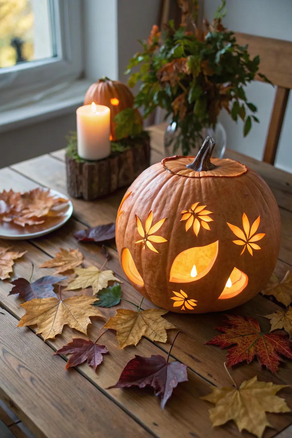 A leafy lantern pumpkin brings the outdoors in.