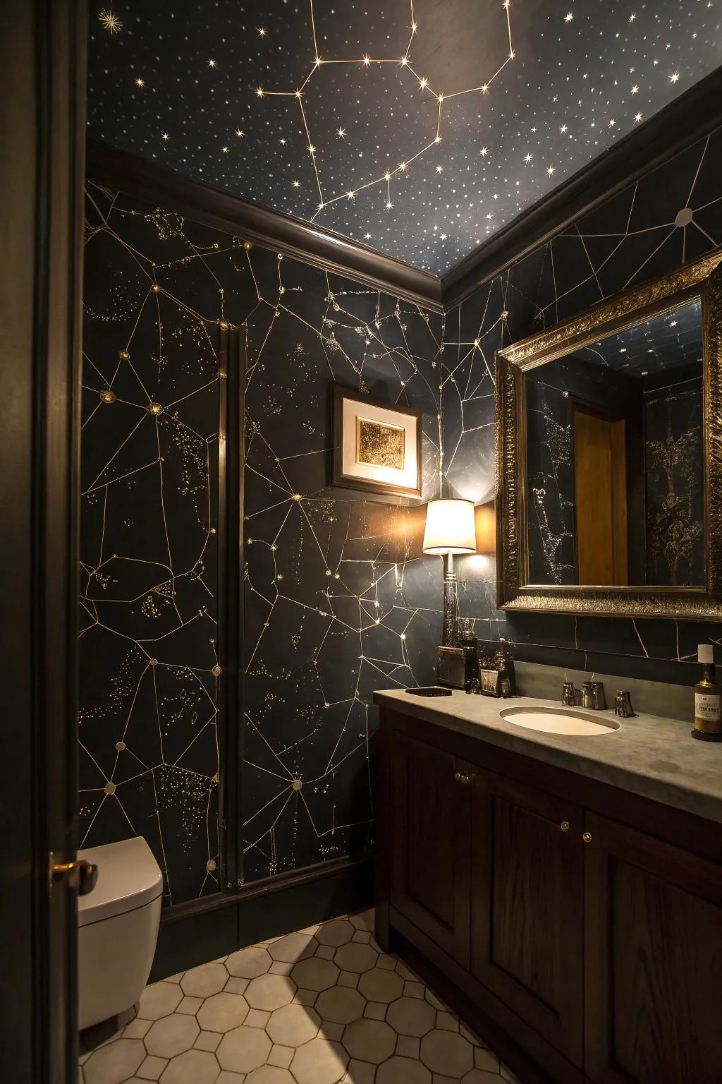 Night sky-inspired wallpaper creates a calming, celestial atmosphere.