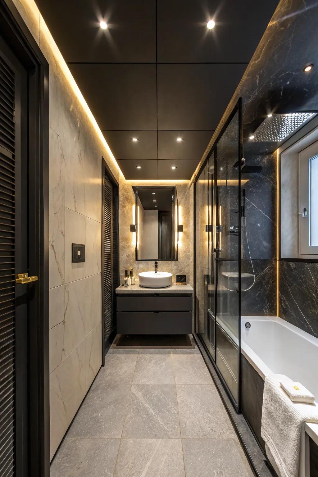 A narrow bathroom with an elegant black ceiling that highlights sophisticated details.