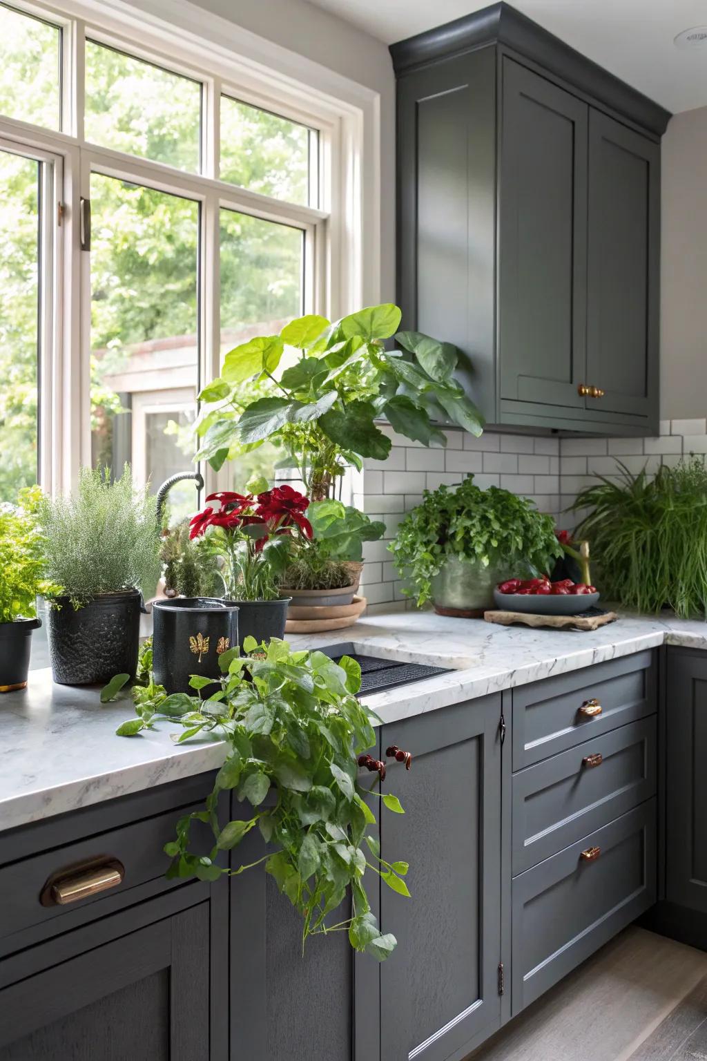 Greenery adds life and vibrancy to dark gray cabinets.