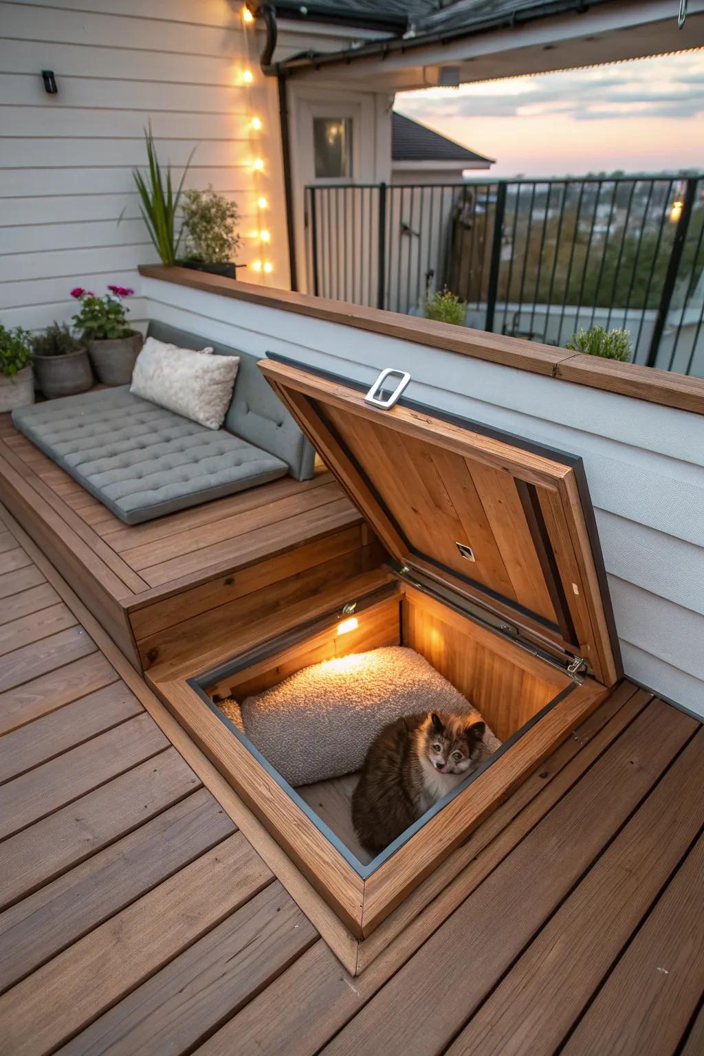 Discover the perfect secret hideaway for your furry friend with this stylish deck trap door design.