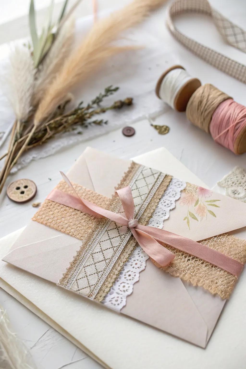 Elevate your envelope game with layered mesh ribbons for a touch of minimalistic elegance.