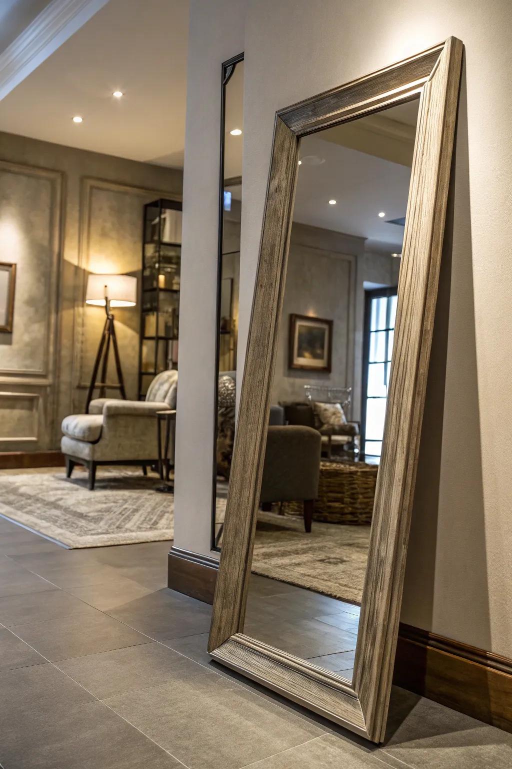 A full-length mirror leaned against a wall opens up the room.