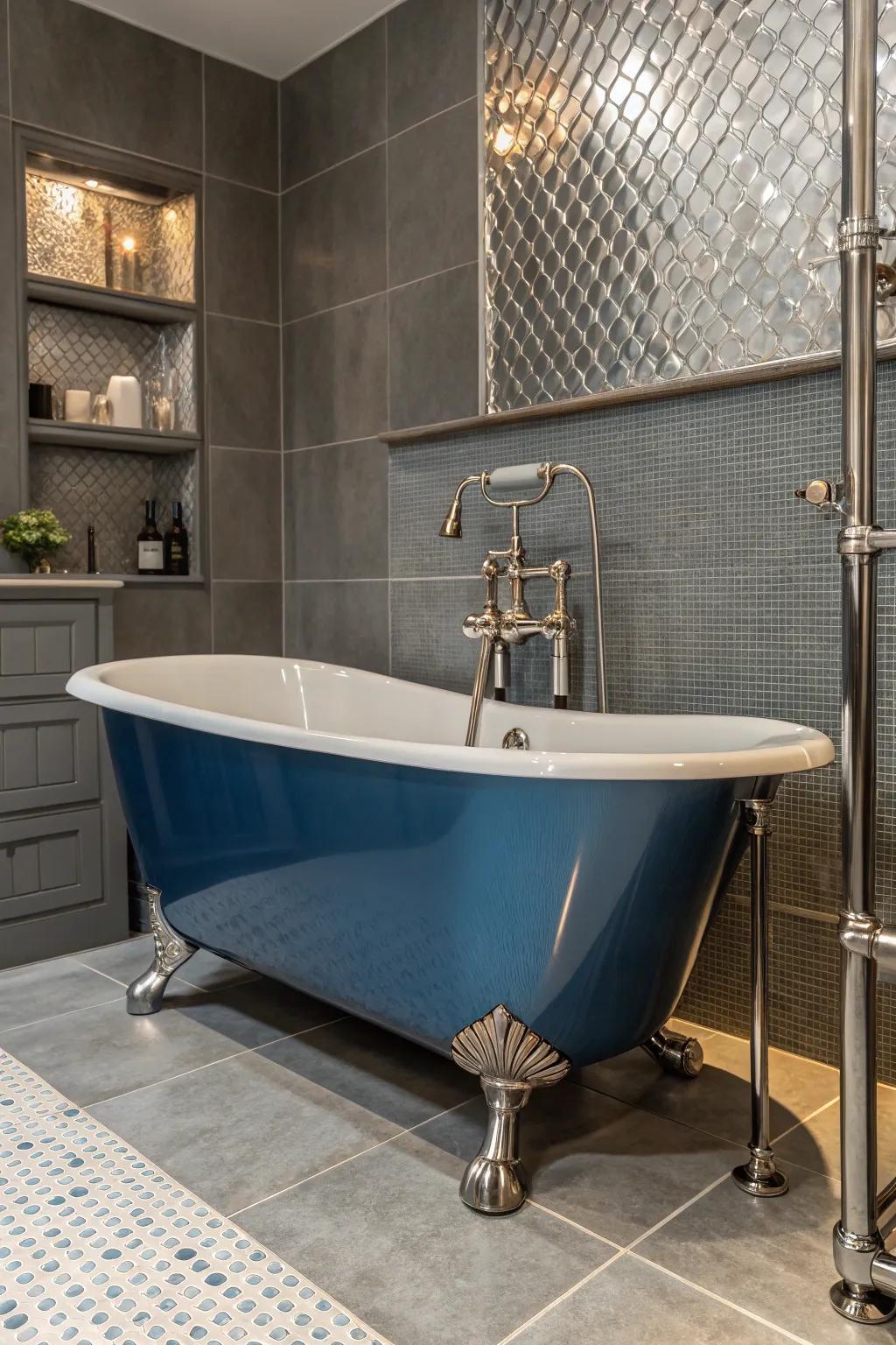 Metallic finishes enhance the modern aesthetic of a blue bathtub.