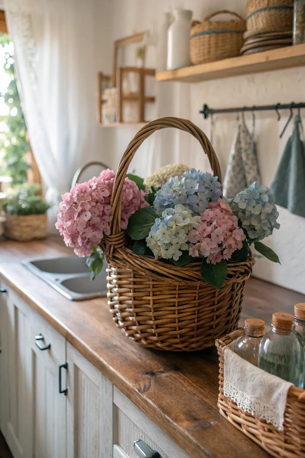 Rustic baskets filled with hydrangeas bring countryside charm.