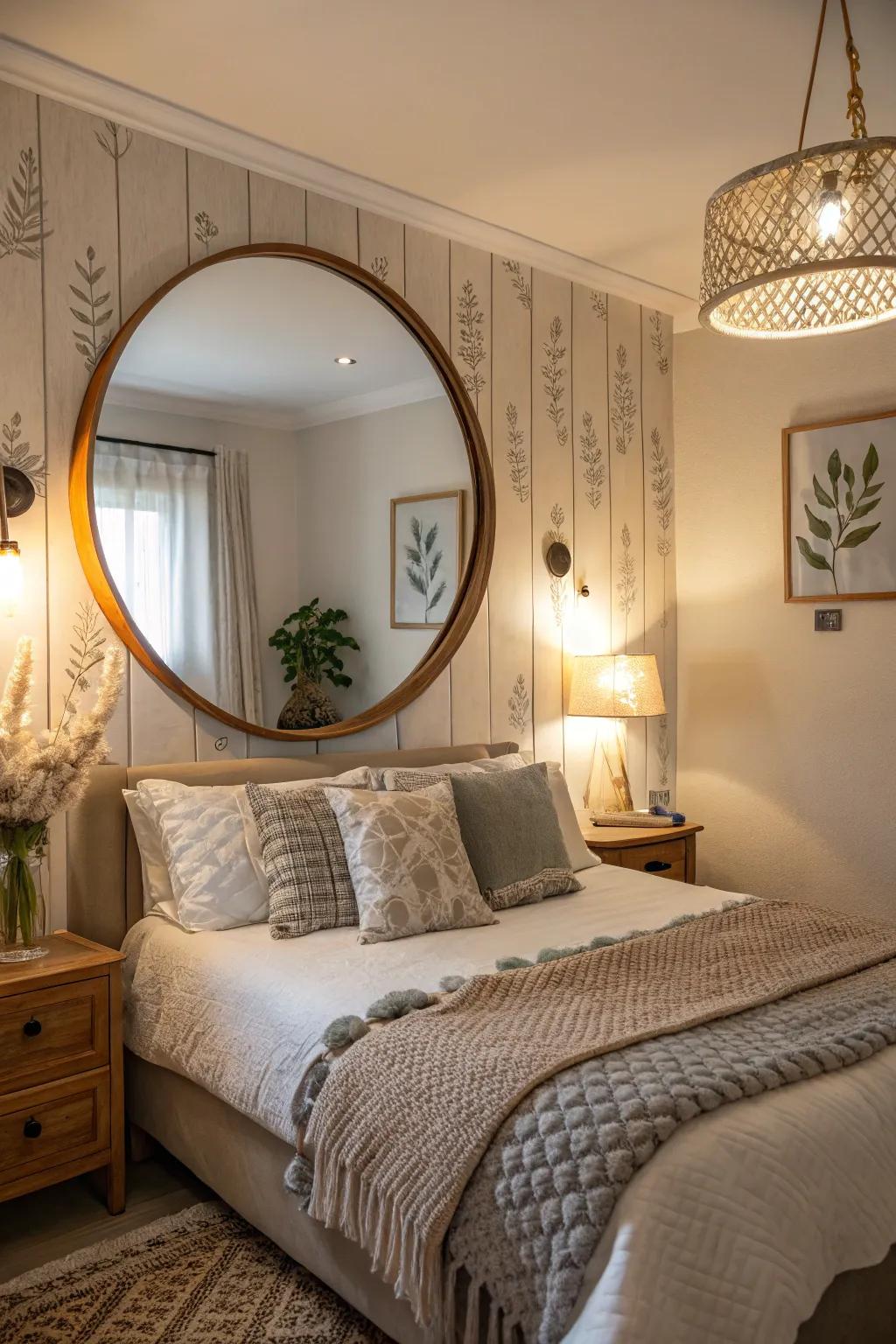 A bedroom with a round mirror adding elegance above the bed.