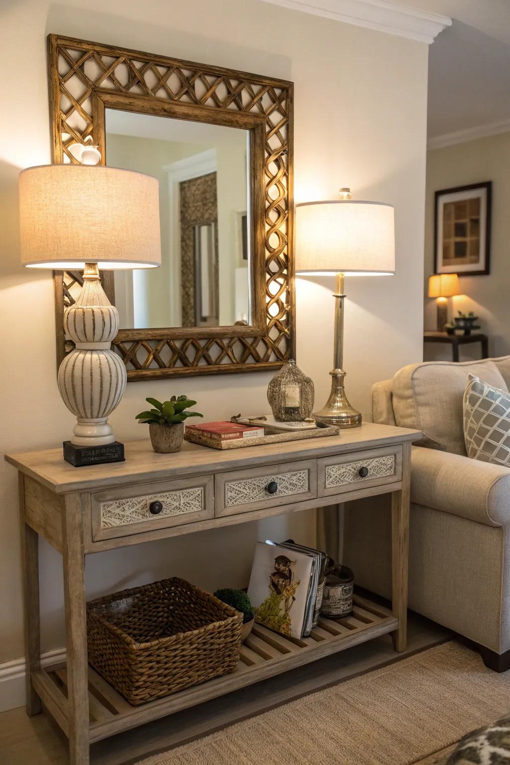 Mirrors can transform your corner table by reflecting light and adding depth.