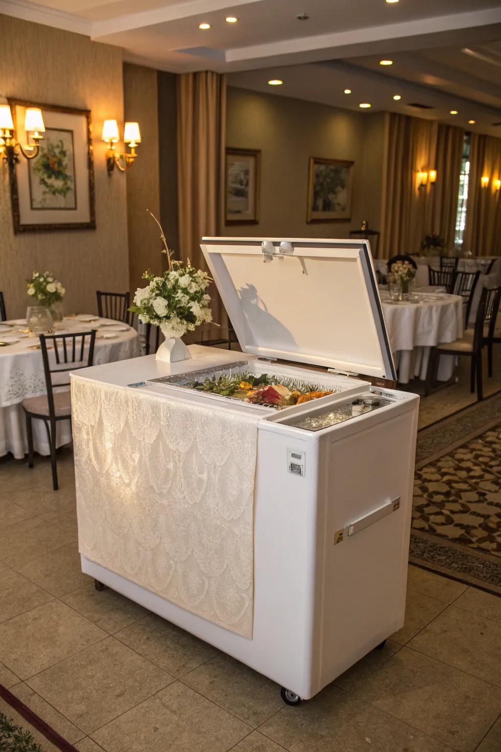 Transform your freezer into a buffet table with a tablecloth and centerpiece.