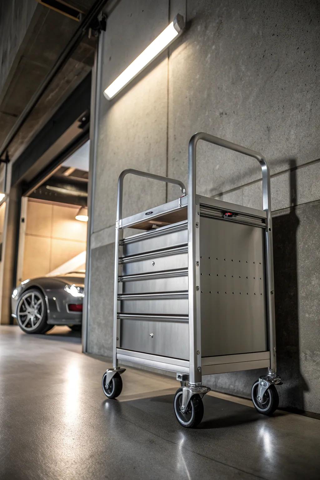 Maximize your garage space with this stylish and compact folding cart, the perfect blend of form and function.
