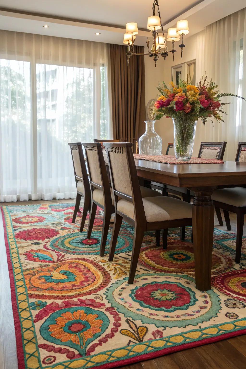 A rug adds warmth and anchors the dining space.