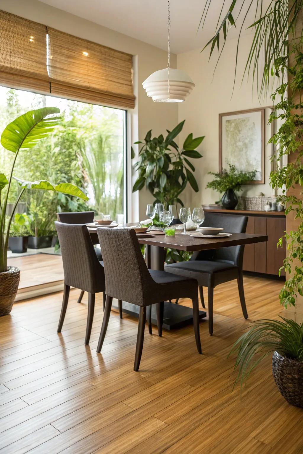 Bamboo flooring adds sustainability and style to dining areas.