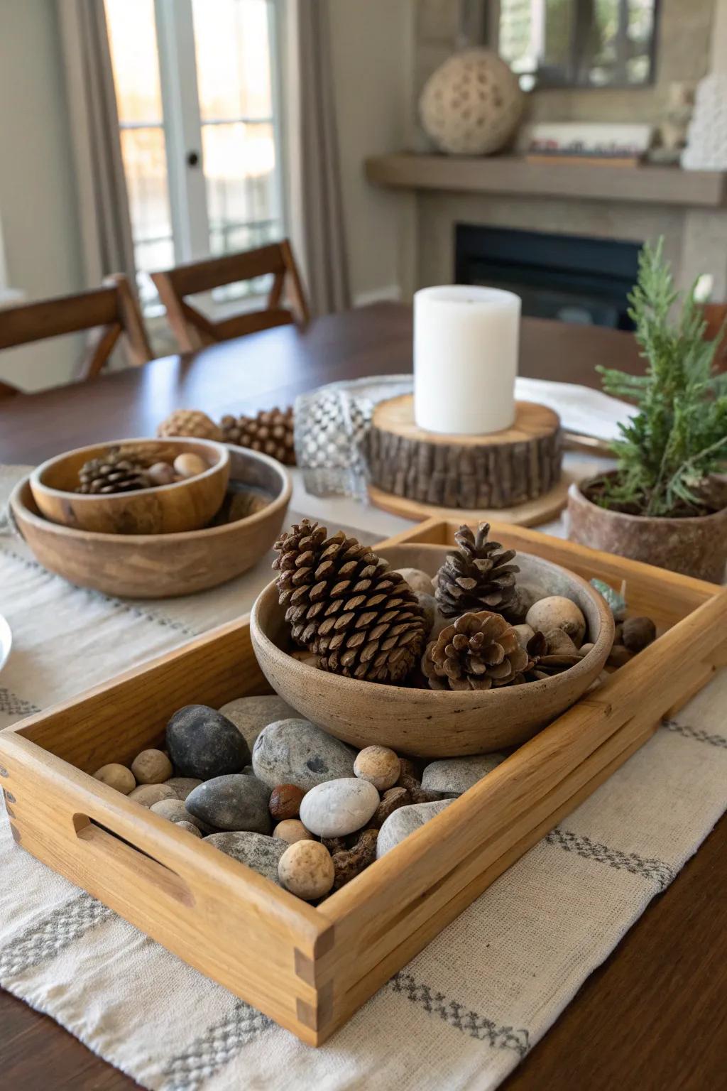 A rustic centerpiece featuring wooden trays and bowls filled with natural stones and pinecones.