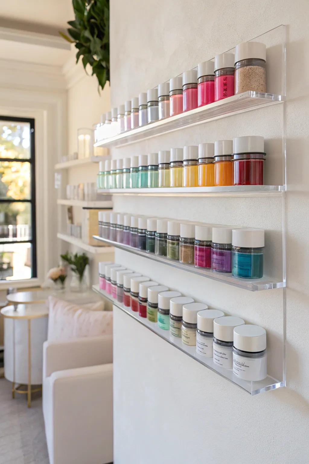 Elevate your workspace with chic acrylic shelves for a modern touch of elegance.