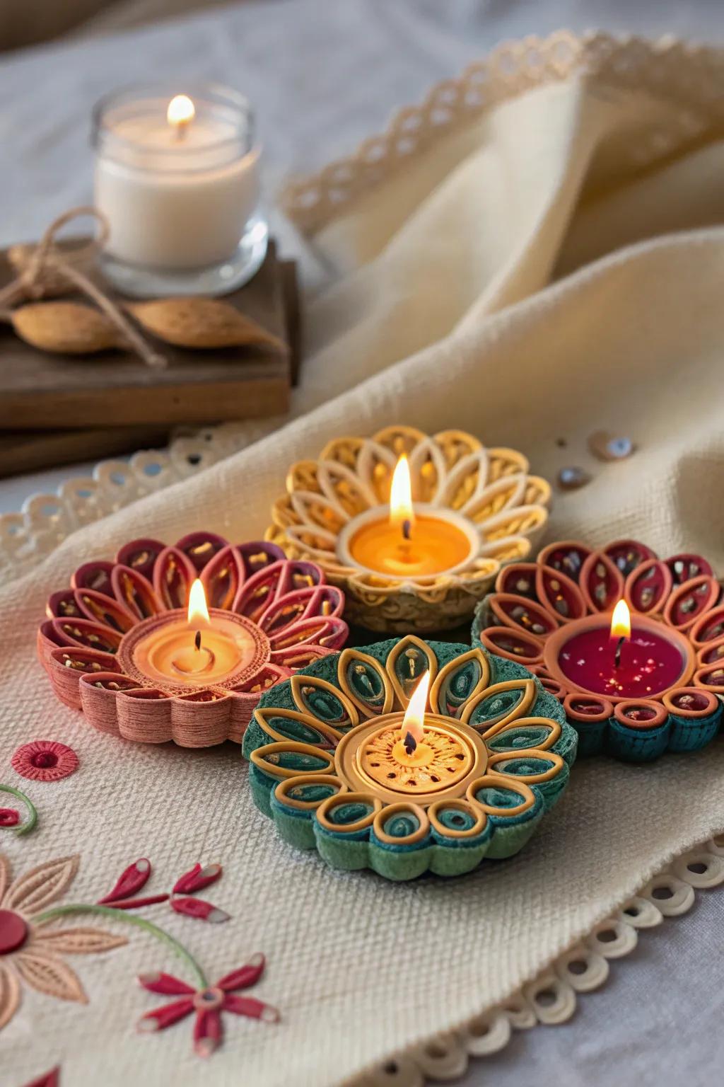 Illuminate your space with exquisite quilled paper diyas.