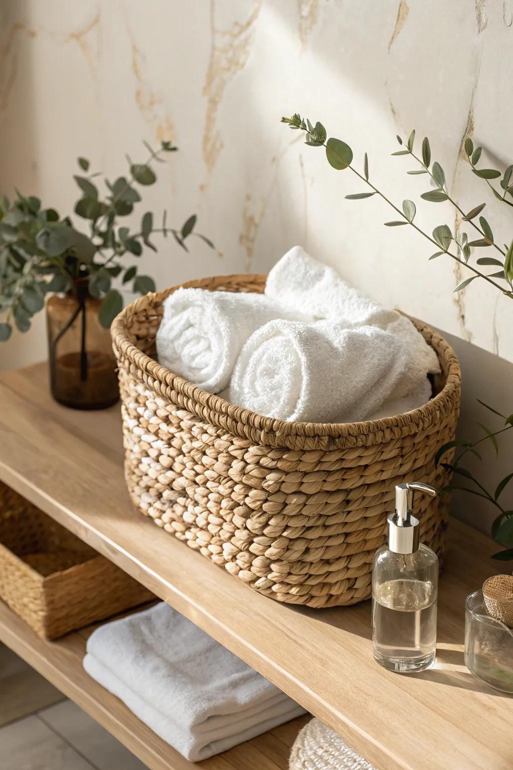 Elevate your bathroom decor with chic woven baskets for a perfect blend of style and function.